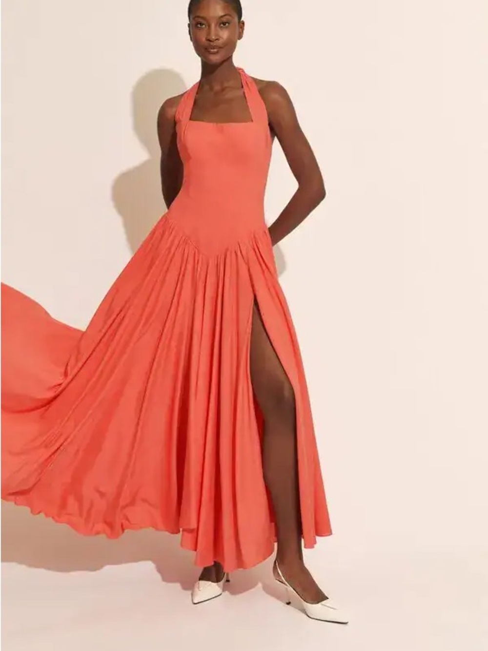 Coral Halter Neck Drop Waist Maxi Dress with Side Slit